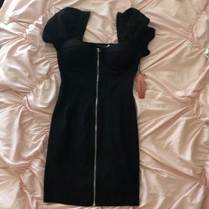 BLACK PUFF SLEEVED ZIP UP DRESS